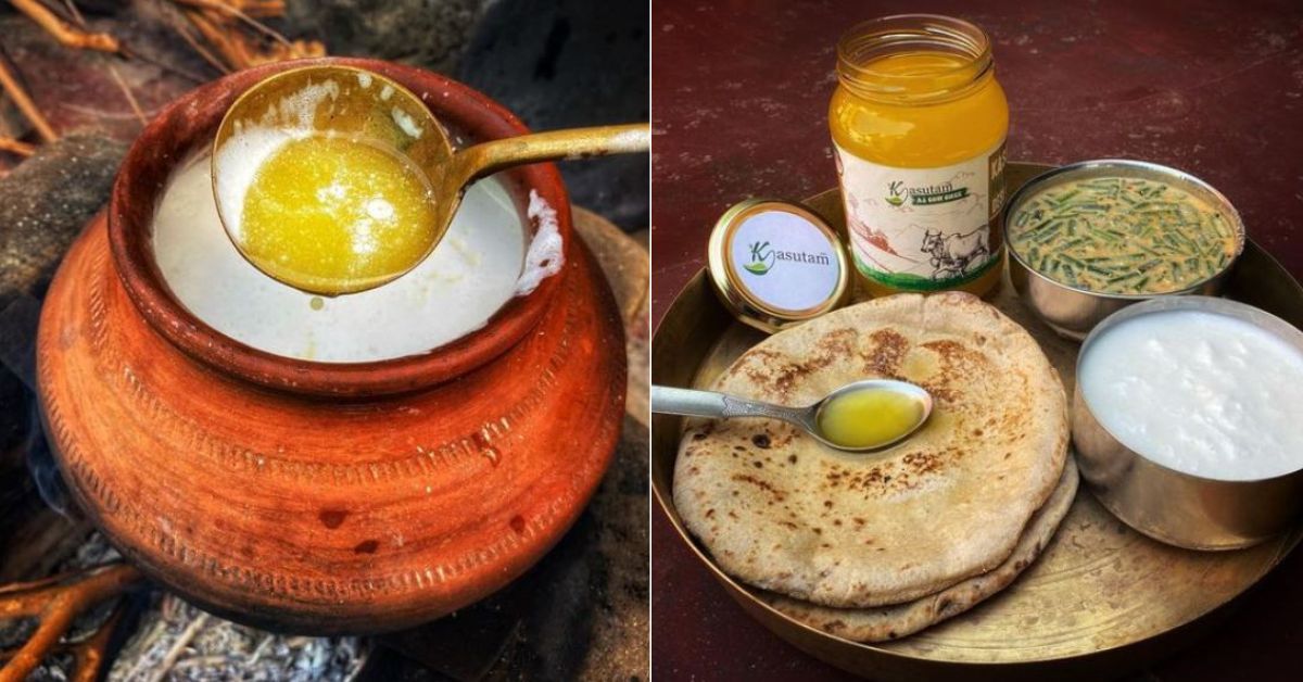 Bhavesh makes ghee using the ancient method o bilona churning where milk is boiled on low flame in earthen pots over a traditional chulha.