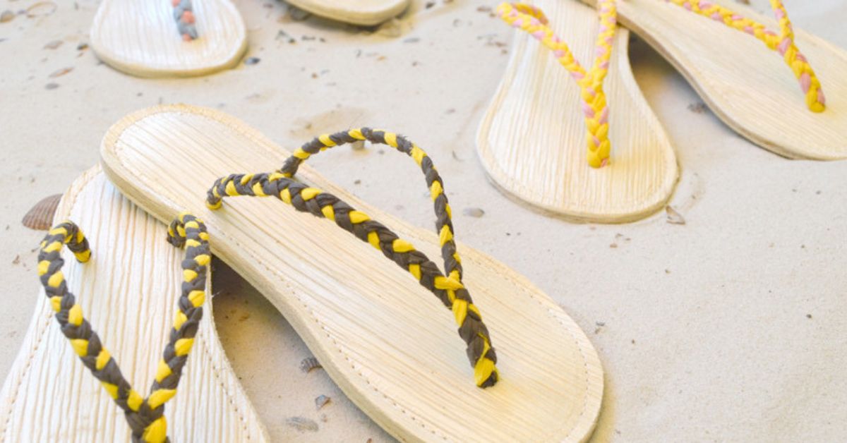 Footwear made out of areca palm leather. 