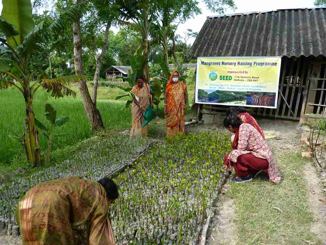 Women preparing the nursery bags.